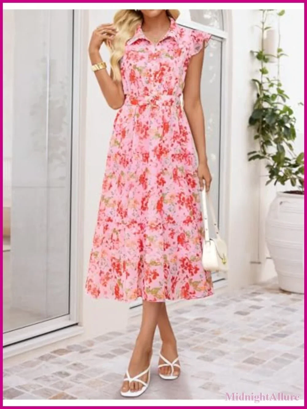 Floral Midi Dress Flutter Short Sleeve Button Down Chiffon Wedding Guest